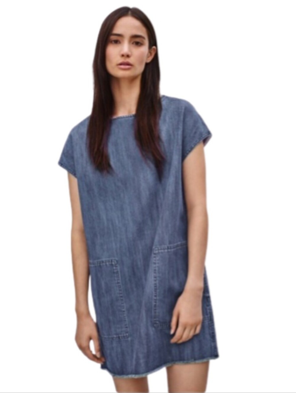 & Denim (H&M) Medium Blue Wash Denim Mini Dress, Raw Hem, 8